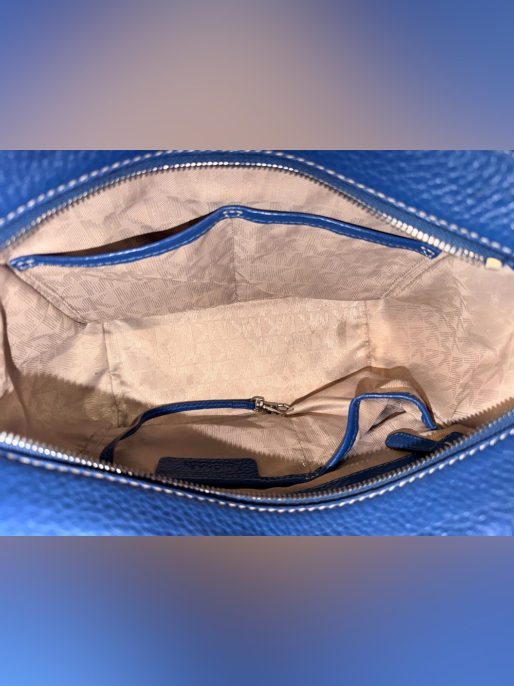 Michael Kors Cobalt Blue Pebbled Leather Satchel Silver Hardware Crossbody Tote - Picture 11 of 14